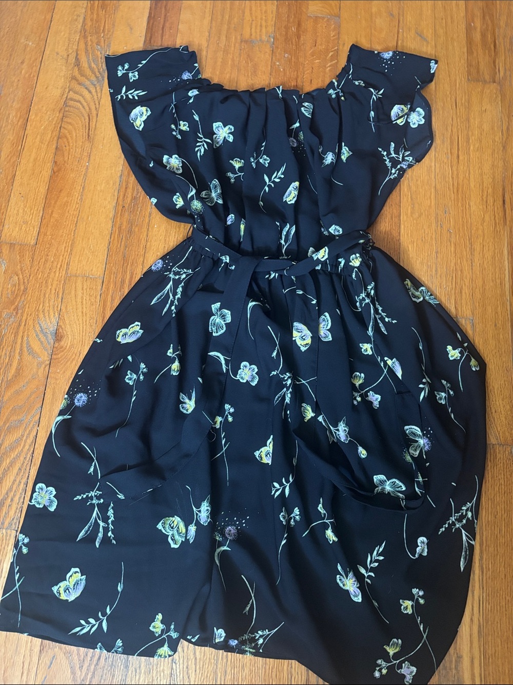 LC Lauren Conrad Black Floral and butterfly flutter sleeve Dress